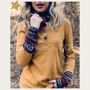 Mustard Contrast Multi Print Hoodie Knit Top
